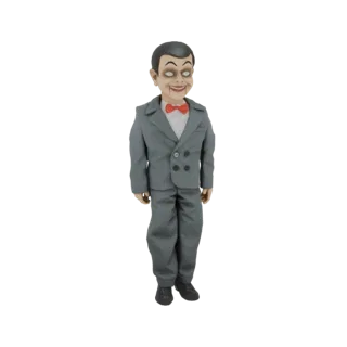 3D модель жуткой куклы-чревовещателя в сером костюме и красном галстуке-бабочке, с широко распахнутыми, пристальными глазами