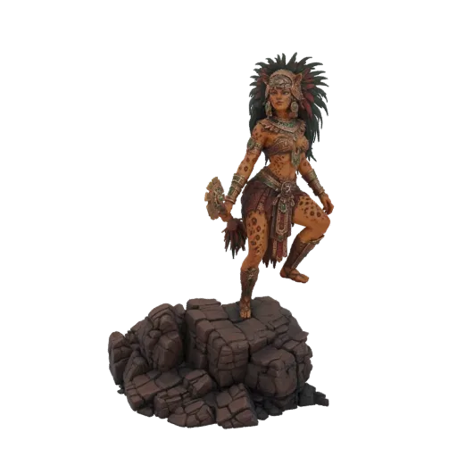 3D модель ацтекского воина-ягуара в полном облачении, стоящего на скалистом основании, с щитом и топором.