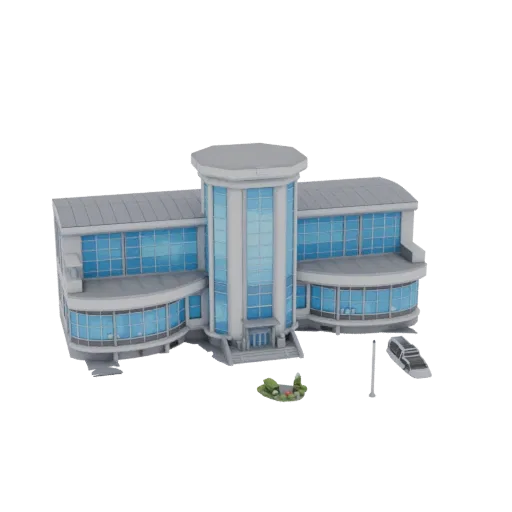 3D модель современного офисного здания с большими окнами и центральной башней
