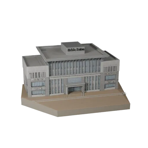 Стилизованная 3D модель общественного павильона, изометрический вид стилизованной игровой среды, показывающий материалы общес