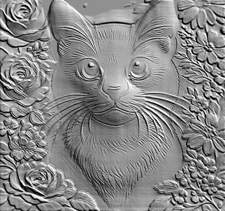 3D модель барельефа кошки, окруженной розами, в классическом стиле