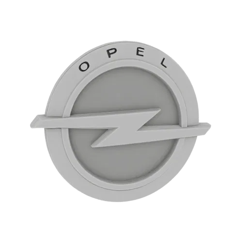 3D модель логотипа Opel с серебряной молнией внутри круга с надписью 'OPEL'.