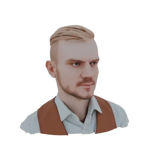 3D render of a modern man bust wearing a light shirt and brown vest, with blonde hair