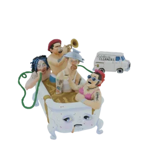 3D-модель четырех эксцентричных персонажей в ванне с фургоном "Calabash Cleaners" на заднем плане, на белом фоне.