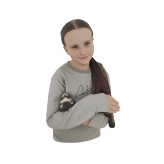 3D модель девочки с каштановыми волосами, нежно улыбающейся, прижимающей к груди хорька.
