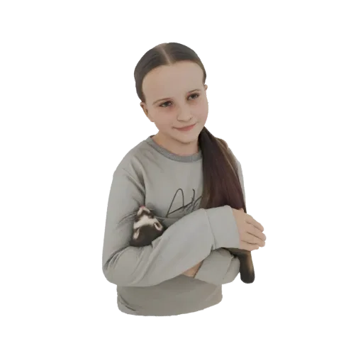 3D модель девочки с каштановыми волосами, нежно улыбающейся, прижимающей к груди хорька.