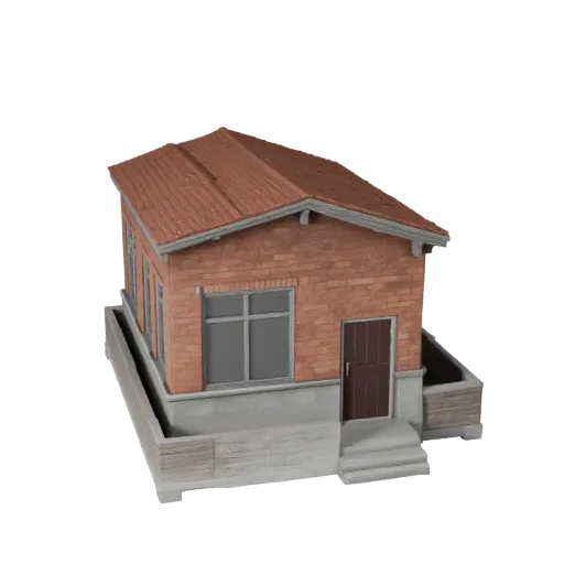 3D модель крошечного дома, готовая к использованию в Blender, вид рендера студии Blender, показывающий материалы жилого здани