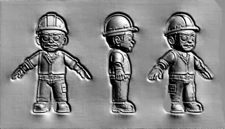 3D модель барельефа строителя в каске, вид спереди, сбоку и сзади