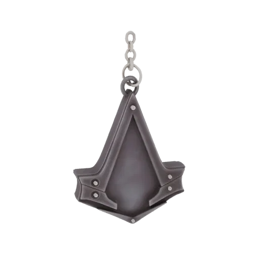 3D модель брелка Скрытый клинок Assassin's Creed с темной металлической отделкой и культовым треугольным дизайном.