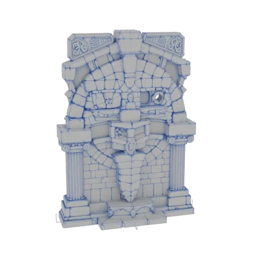 3D модель древнего каменного алтаря с резным рельефом лица и боковыми колоннами, представленная в нейтральном сером цвете.