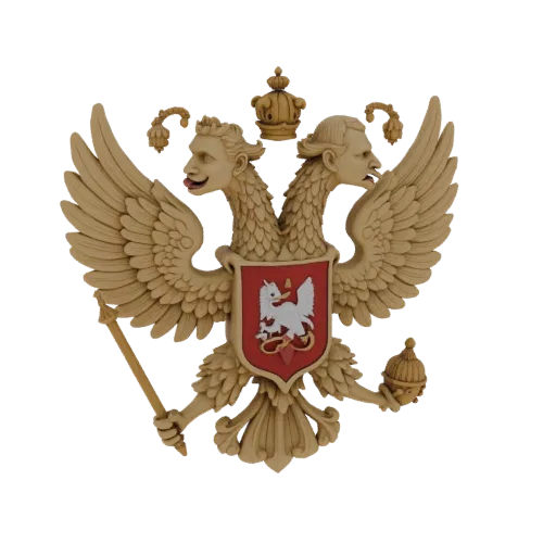 3D модель герба России в античном стиле с двуглавым орлом и головами Владимира Путина, одна улыбается, другая хмурится.