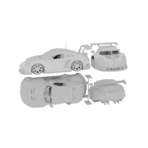 3D модель белого гоночного автомобиля Porsche 911 GT3 R, показанная с разных ракурсов, включая вид сбоку, сверху и спереди.
