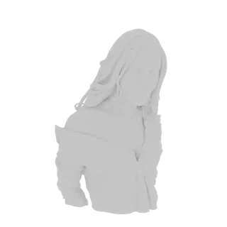 3D модель белого, нетекстурированного бюста элегантной женщины с развевающимися волосами и драпированной одеждой, вид спереди