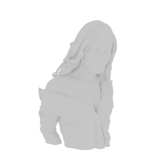 3D модель белого, нетекстурированного бюста элегантной женщины с развевающимися волосами и драпированной одеждой, вид спереди