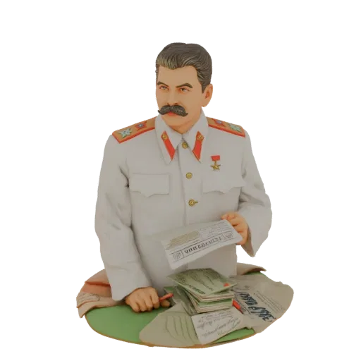 Рендер 3D модели бюста Иосифа Сталина в форме, держащего бумаги и ручку.