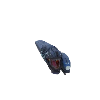 3D model of a dark, metallic cybernetic sea serpent with an open mechanical jaw and glowing blue lights.
