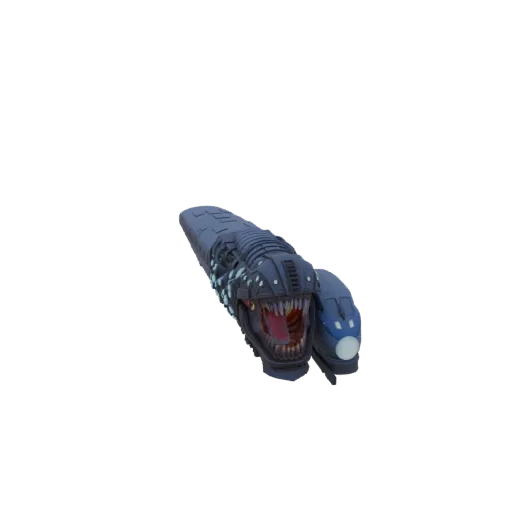3D model of a dark, metallic cybernetic sea serpent with an open mechanical jaw and glowing blue lights.