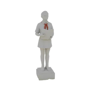 3D-модель белой статуи юной пионерки в красном галстуке с открытой книгой, стоящей на постаменте.