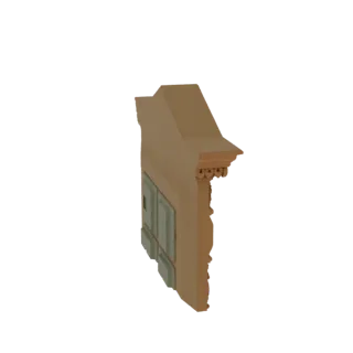 3D рендер резного деревянного каминного портала с теплой деревянной отделкой, вид сбоку.