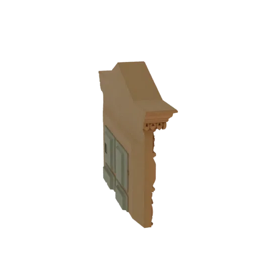 3D рендер резного деревянного каминного портала с теплой деревянной отделкой, вид сбоку.