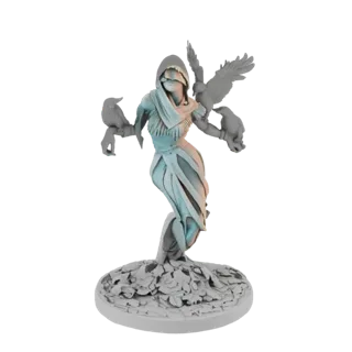 3D model of a mystic sorceress with a hood and blindfold, surrounded by three ravens, standing on a leaf-covered base.