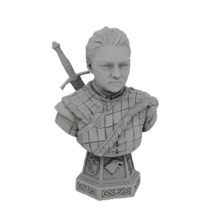 3D модель бюста Арьи Старк из Игры Престолов с мечом и подставкой с гербом Старков.