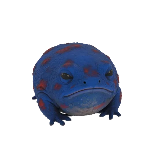 3D модель сердитой синей жабы с красными пятнами, вид спереди, на черном фоне.