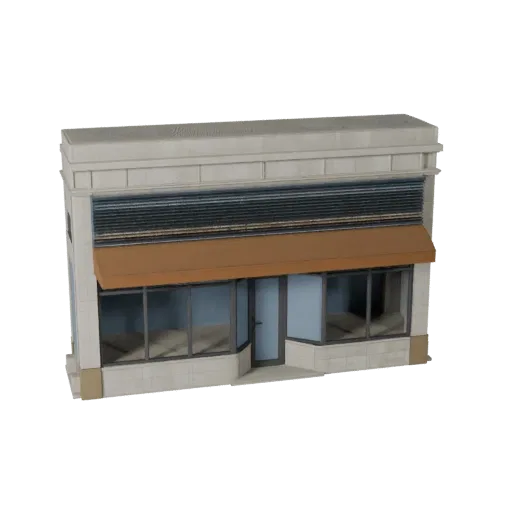 Витрина Фасад печатная STL 3D модель, изометрический вид, показывающий материалы фасада здания и архитектурные детали