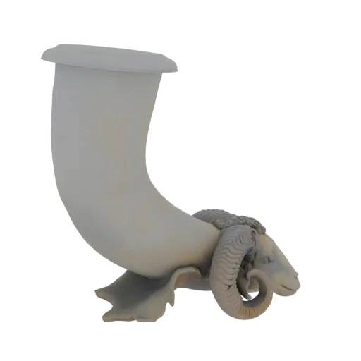 3D модель декоративного рога с детализированной головой барана в основании на белом фоне.