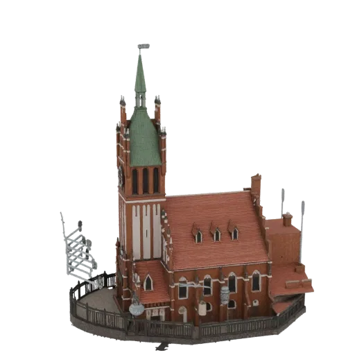 3D модель детализированной готической церкви с красной черепичной крышей и высокой колокольней на белом фоне.