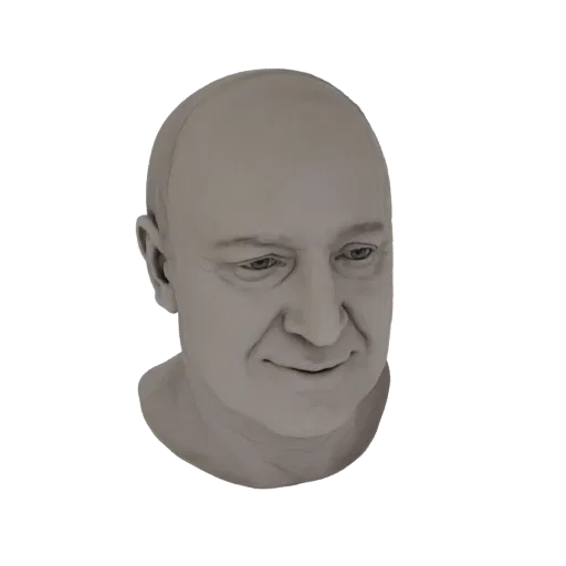 Рендер 3D модели бюста лысого мужчины с нейтральным выражением, представлен в глиняном материале.