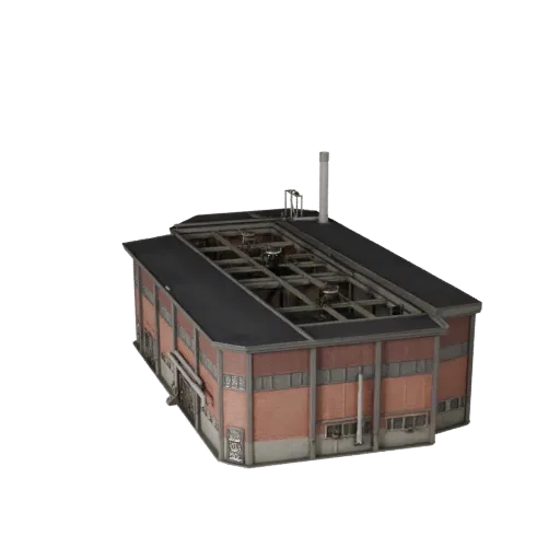 Реалистичная 3D модель очистных сооружений, вид с трех четвертей снаружи, показывающий промышленные строительные материалы и
