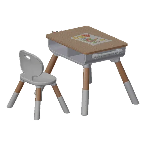 3D модель детского деревянного стола и стула со столешницей из светлого дерева и белым каркасом, с отделениями для хранения.