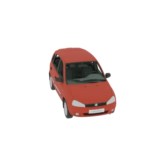 3D модель красного автомобиля-хэтчбека, вид под небольшим углом сверху, на черном фоне.
