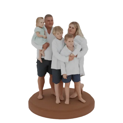 3D модель семьи из 5 человек, включая родителей и троих детей, стоящих вместе на круглой подставке.