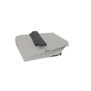 3D модель стопки белых бумаг, скрепленных темно-серой клипсой, вид под небольшим углом.