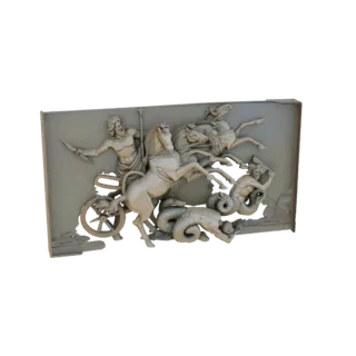 3D модель рельефа Колесницы Нептуна, показывающая морского бога в колеснице, запряженной лошадьми, с морскими существами вниз