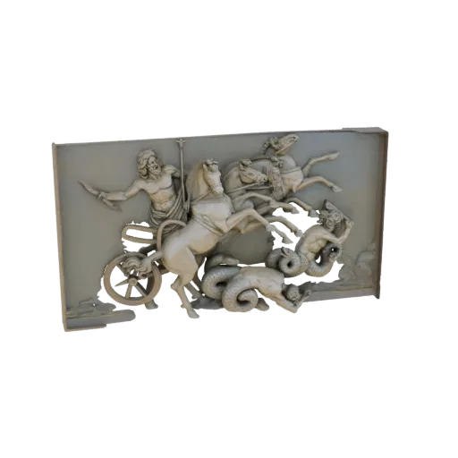 3D модель рельефа Колесницы Нептуна, показывающая морского бога в колеснице, запряженной лошадьми, с морскими существами вниз