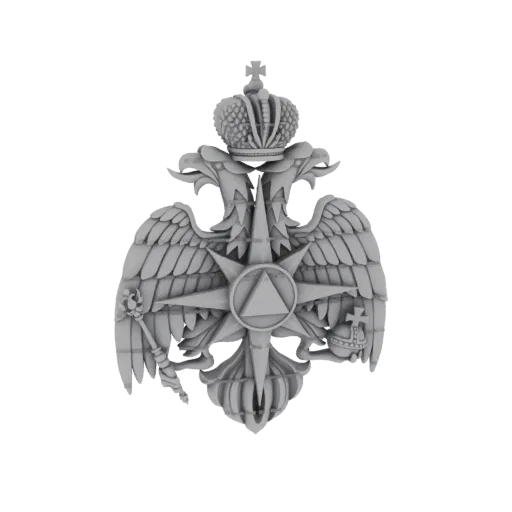 Рендер 3D модели серого двуглавого орла с короной, скипетром и державой на белом фоне.