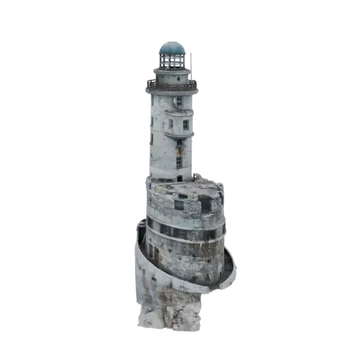 Рендер 3D модели выветренного, заброшенного маяка с куполом, расположенного на грубом сером скалистом уступе на черном фоне.