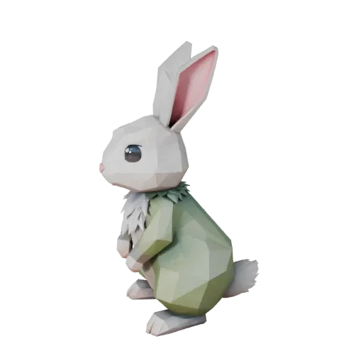 3D модель кролика Low Poly, вид сбоку в игровой камере, низкополигональная модель животного с балансом позы, анатомическими п