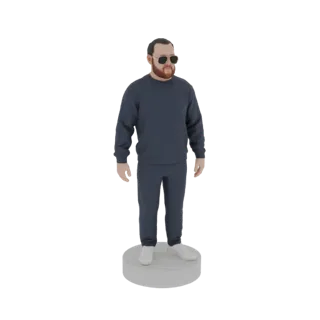 3D-модель мужчины в темно-синем спортивном костюме и солнцезащитных очках, стоящего на белой круглой подставке.