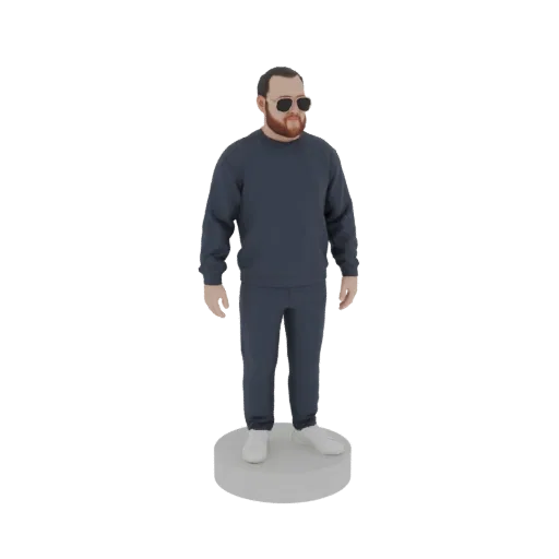 3D-модель мужчины в темно-синем спортивном костюме и солнцезащитных очках, стоящего на белой круглой подставке.