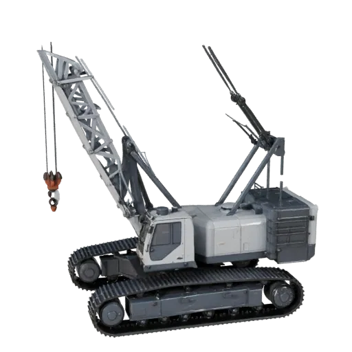 3D-модель гусеничного крана, вид в три четверти студии, готовый для Blender объект техники с геометрией стрелы, объемом кабин