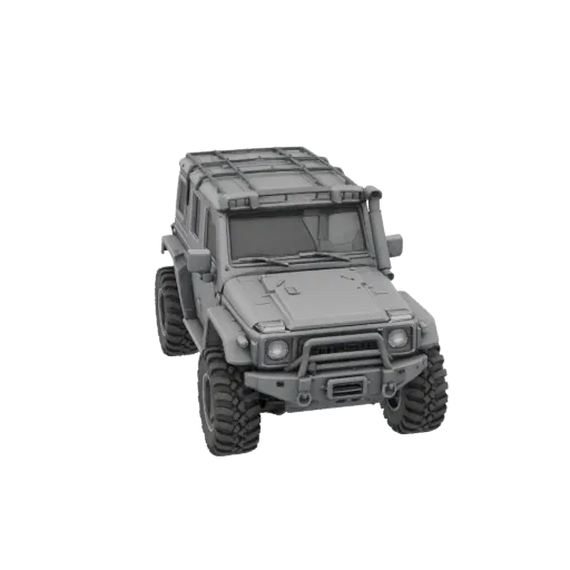 3D-модель серой, сильно модифицированной Лада Нива 2121 (3-дв.) с внедорожными шинами, шноркелем и багажником на крыше, вид с