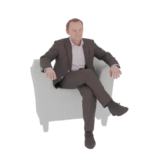 3D модель мужчины в темном костюме, сидящего в светлом кресле со скрещенными ногами, смотрящего вперед.