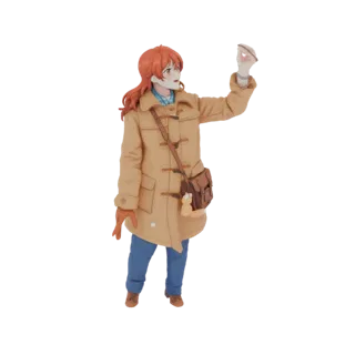 3D модель аниме девушки с рыжими волосами, в бежевом дафлкоте и синей клетчатой рубашке, держащая небольшой предмет.
