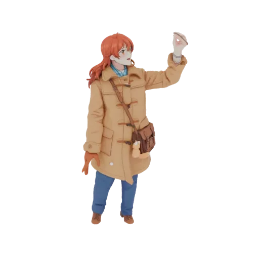 3D модель аниме девушки с рыжими волосами, в бежевом дафлкоте и синей клетчатой рубашке, держащая небольшой предмет.