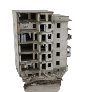 3D модель разрушенного многоэтажного жилого дома с видимыми внутренними этажами, поврежденными стенами и обломками.