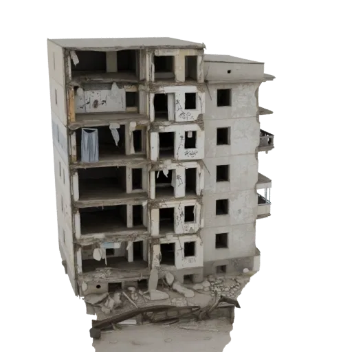 3D модель разрушенного многоэтажного жилого дома с видимыми внутренними этажами, поврежденными стенами и обломками.